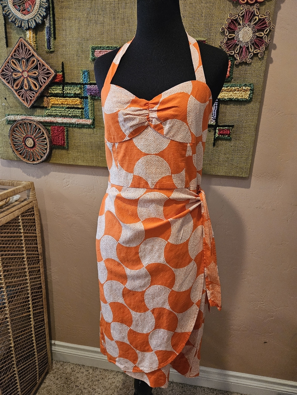 Trina Turk Orange Swirl Geometric Faux Wrap Halter Dress